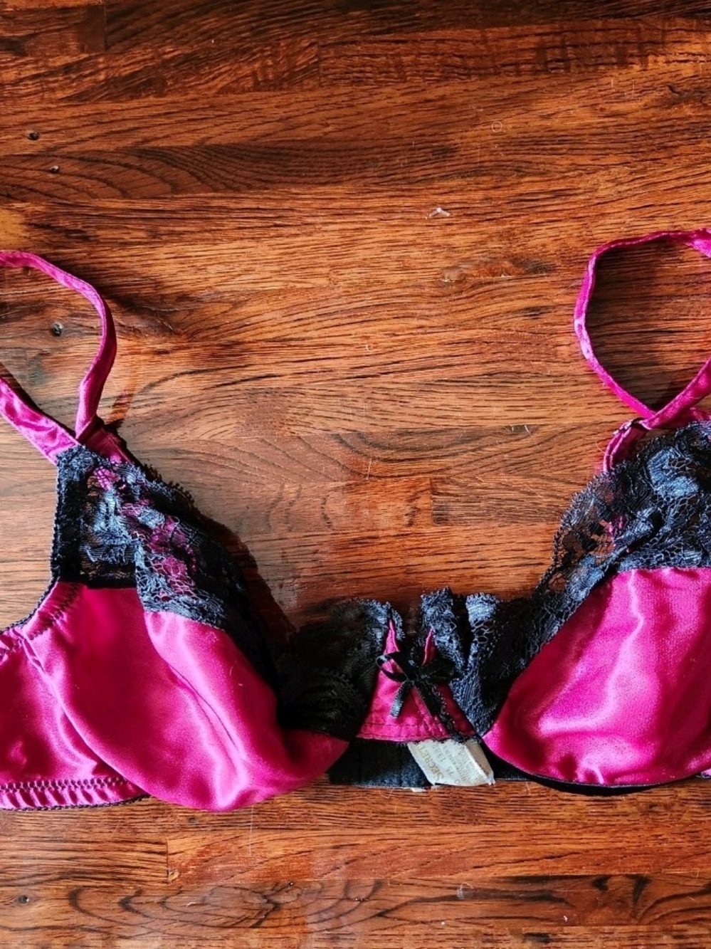 Vintage Victoria's Secret Magenta Satin Bra with Black Lace Trim 34A Gold Label